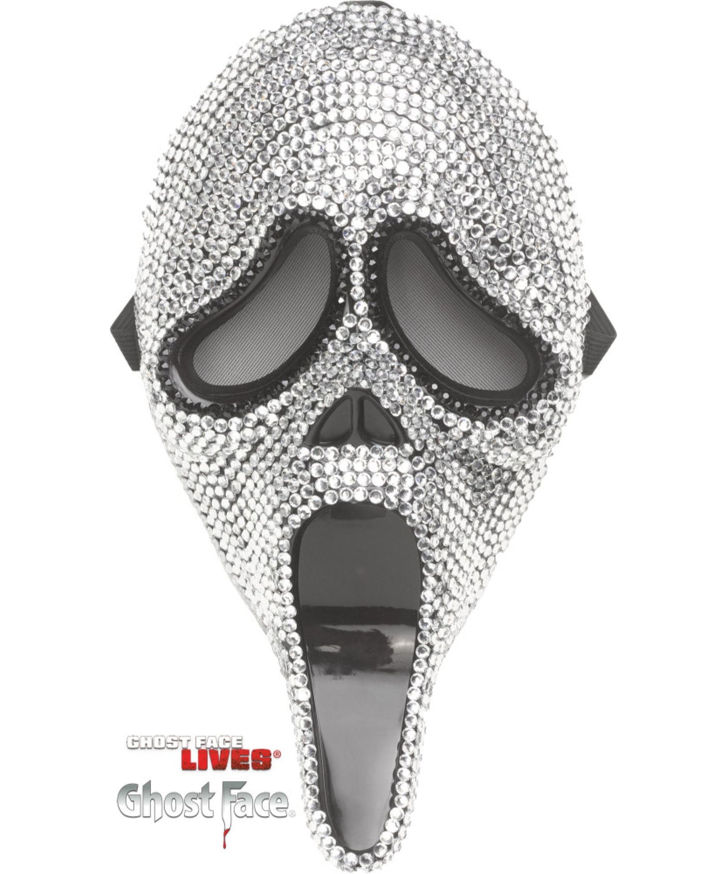 A silver rhinestone-embellished Ghost Face mask from the movie 'Scream', featuring black eye and mouth openings, shown against a plain white background with a brand logo at the bottom.