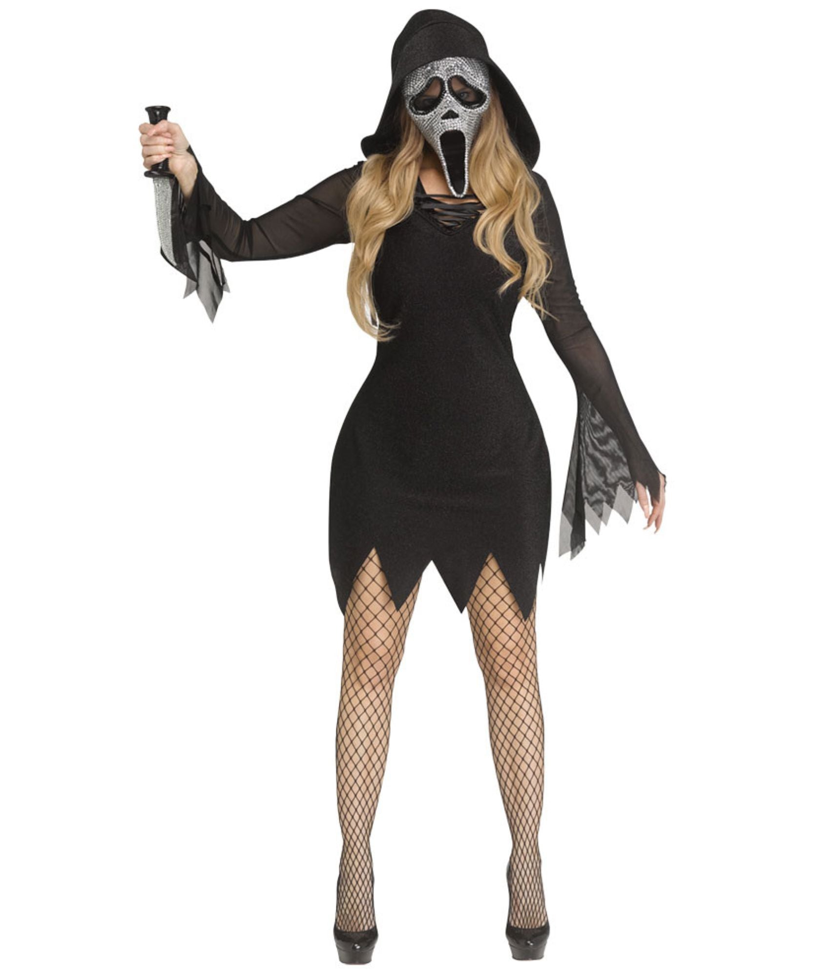 A woman modeling a Ghostface-style Halloween costume against a plain white background. The costume includes a black hooded dress with jagged hem, a white and black screaming mask, black fishnet tights, and black pointed shoes, while she holds a knife prop.