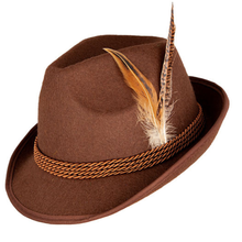 A brown felt fedora hat with a braided brown band and two decorative feathers, shown on a plain white background.