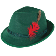 A green felt fedora hat with a dark green braided band, decorated with a bright red feather and a brown patterned accent feather, shown on a plain white background.