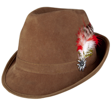A brown felt fedora hat with a matching band, decorated with a red, white, and black feather plume and a silver star-shaped brooch on the side, shown against a plain white background.