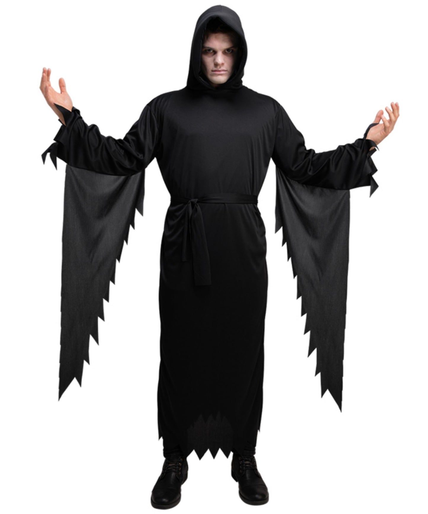 A person modeling a black hooded grim reaper costume with long draped cape-like sleeves and jagged hems, shown against a plain white background.