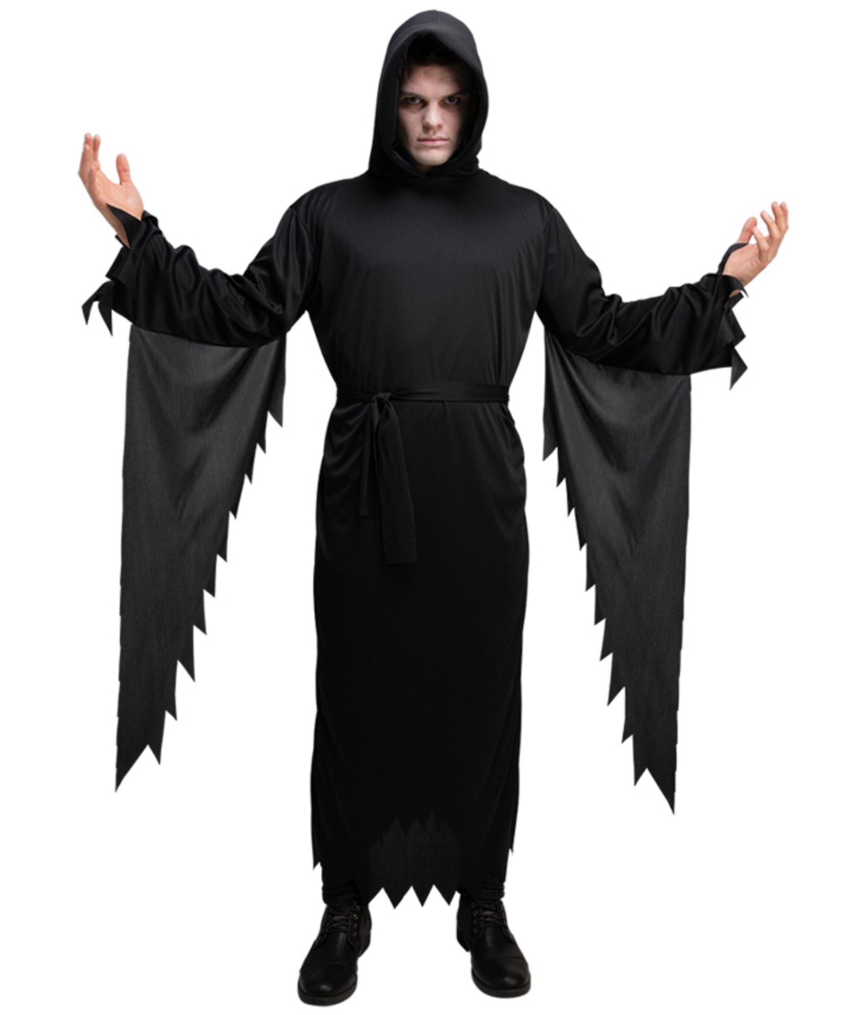 A person modeling a black hooded grim reaper costume with long draped cape-like sleeves and jagged hems, shown against a plain white background.