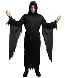 A person modeling a black hooded grim reaper costume with long draped cape-like sleeves and jagged hems, shown against a plain white background.