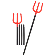 A red and black toy devil trident set with three interchangeable black handles, shown on a plain white background.