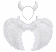 White angel costume accessory set featuring a pair of fluffy faux-feather wings and a matching horned headband, displayed against a solid white background.