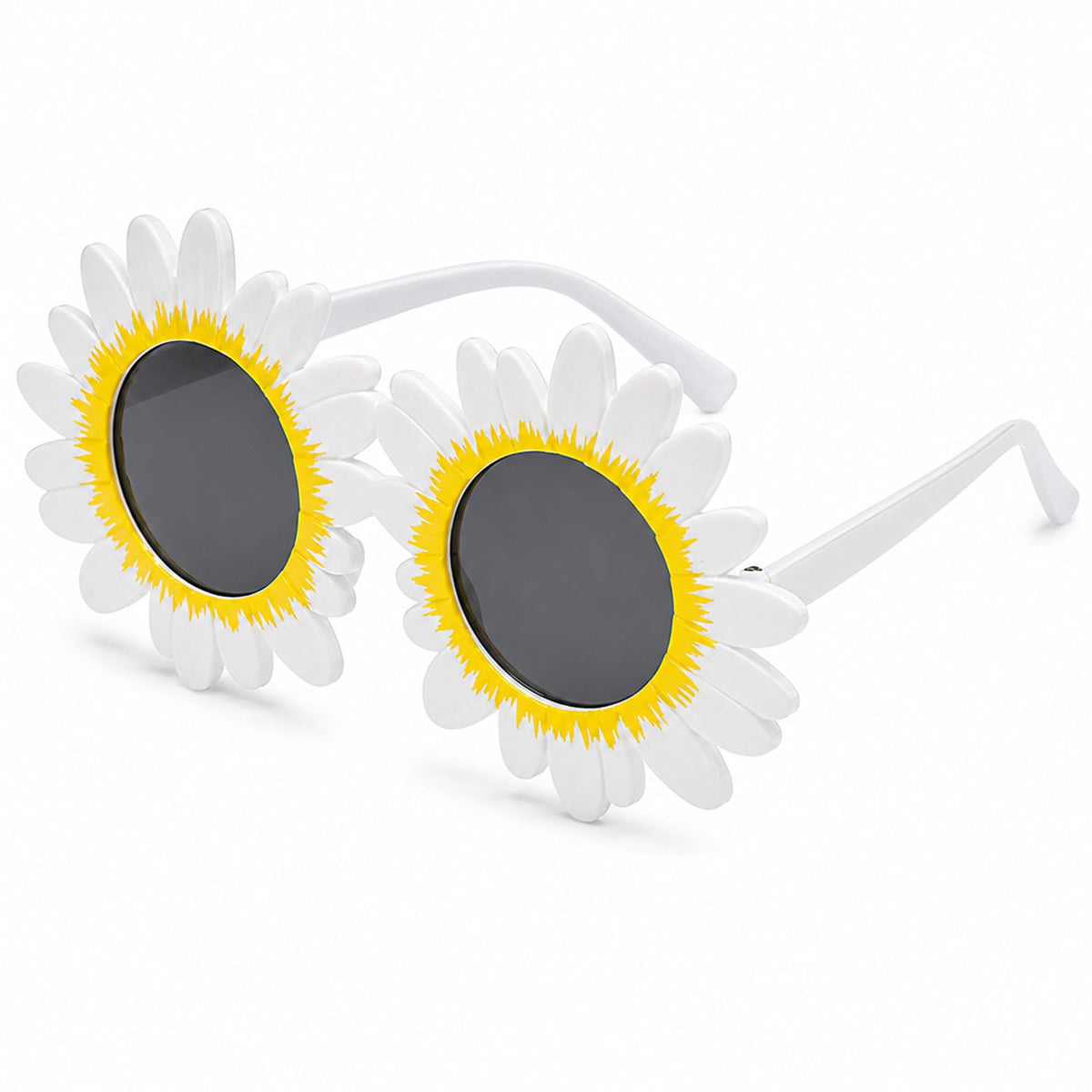 Sunflower-shaped novelty sunglasses with white petals, yellow centers, and dark gray lenses on a white background.