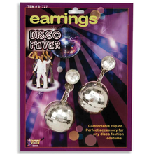 Packaged pair of disco ball earrings with clear rhinestone studs and reflective silver mirrored spheres, shown on a purple retail card labeled 'earrings DISCO FEVER'.
