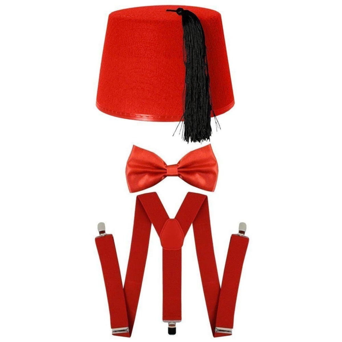 A red costume accessory set featuring a tall cylindrical hat with a black tassel, a matching red bow tie, and red suspenders with silver-toned clips, displayed on a plain white background.