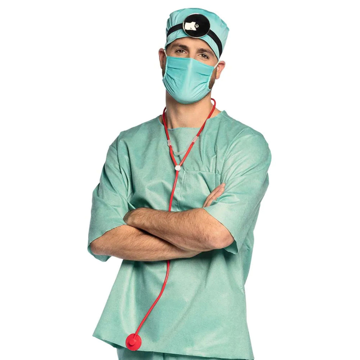 Person wearing green medical scrubs, mask, and cap with a stethoscope on a white background