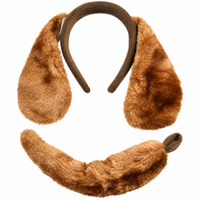 A two-piece animal costume accessory set featuring a brown faux fur headband with ears and a separate tail, shown on a plain white background.