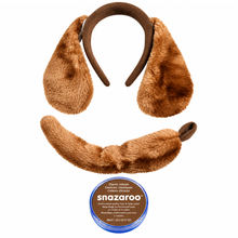 Brown faux fur dog ears headband and matching tail accessory set with a Snazaroo face paint product tin on a white background.