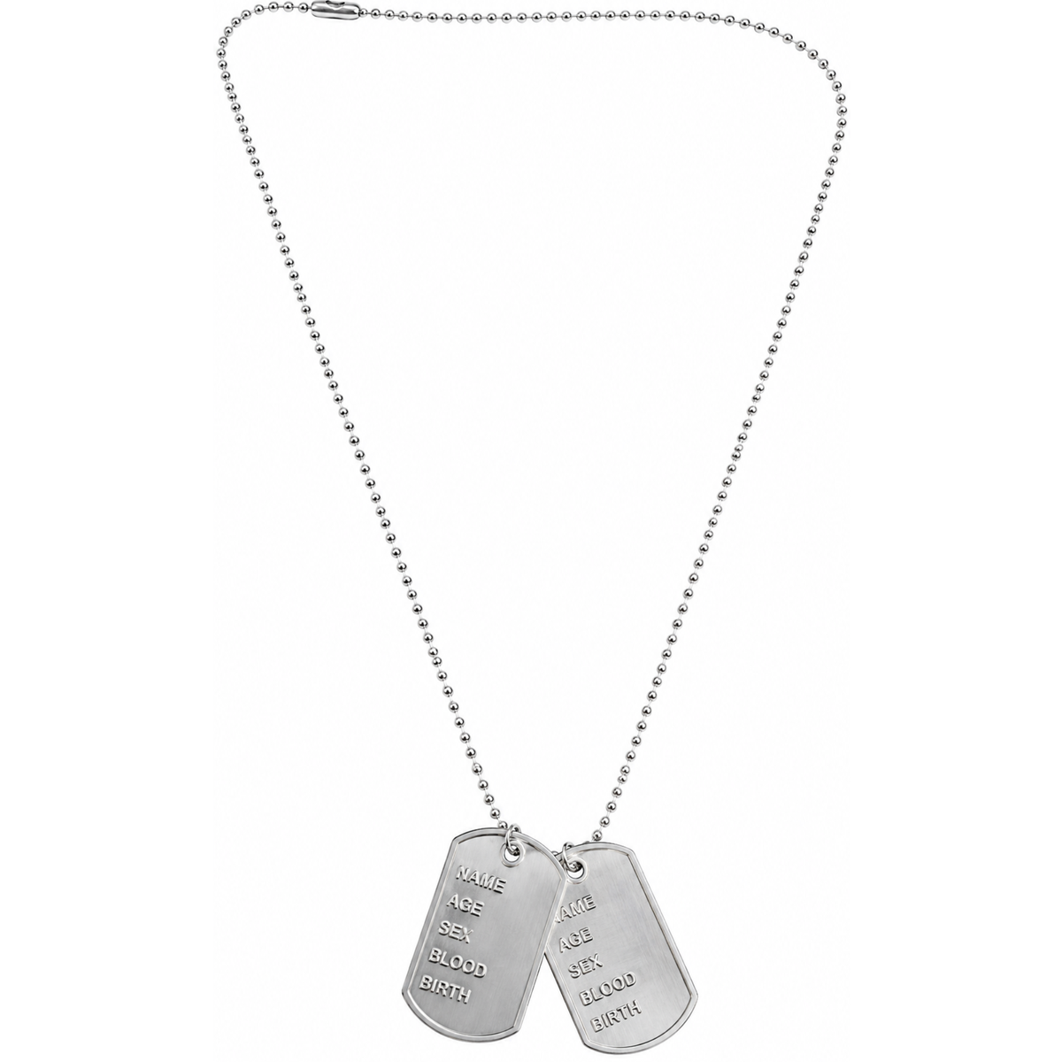 A silver ball-chain necklace with two dog tag-style pendants 