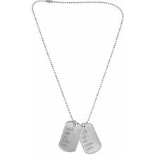 A silver ball-chain necklace with two dog tag-style pendants 