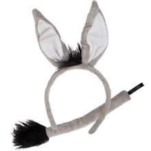 A plush donkey costume headband with upright ears, a long tail, and black faux fur accents on a white background.