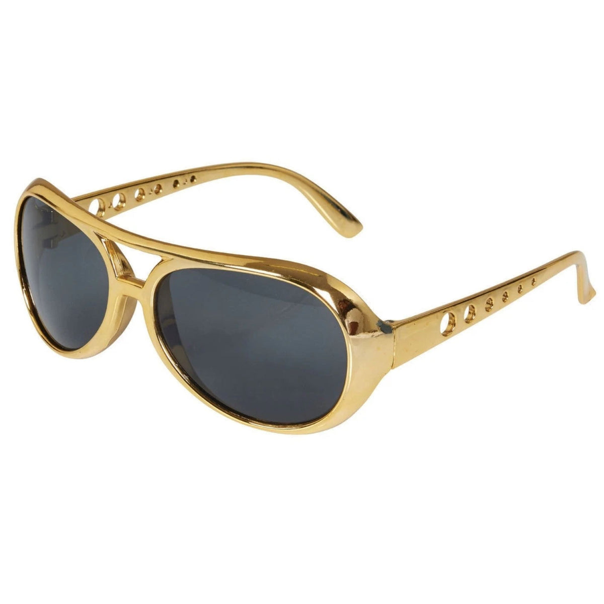 Gold aviator-style sunglasses with dark gray lenses and decorative rivet details on the temples, shown on a plain white background.