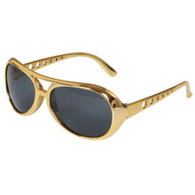 Gold aviator-style sunglasses with dark gray lenses and decorative rivet details on the temples, shown on a plain white background.