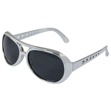 Silver aviator-style sunglasses with dark lenses and decorative rivet details on the temples, shown on a plain white background.