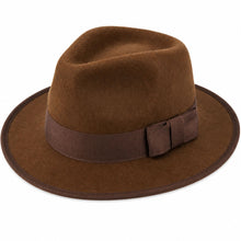 A brown felt fedora hat with a matching brown ribbon band and bow, shown from a three-quarters angle on a white background.