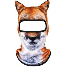 A novelty animal-print face mask shaped like a fox or dog head, featuring a black eye opening and black trim, shown against a plain white background.