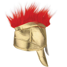 Gold helmet with red feathers on a white background