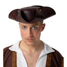Man wearing a brown tricorn hat on a white background