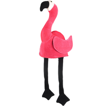 A plush flamingo toy or costume figure with a bright pink body, black neck, beak, legs, and feet, shown on a plain white background.