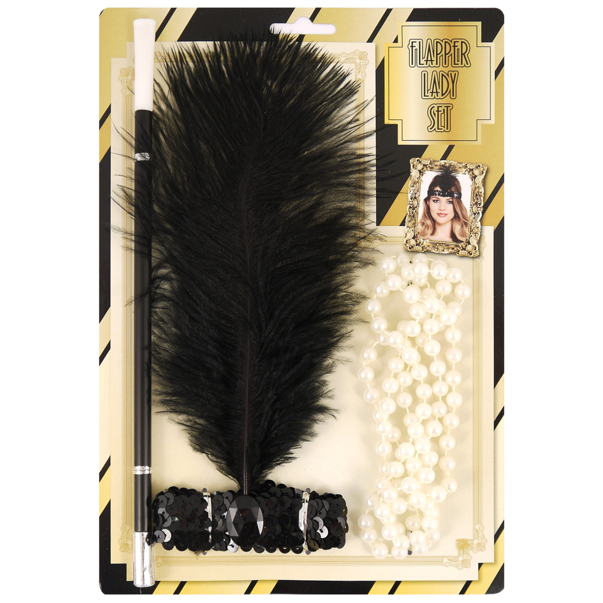 A packaged costume accessory set labeled 'Flapper Lady Set' containing a large black feather on a black sequinned headband, a cigarette holder and a pearl necklace