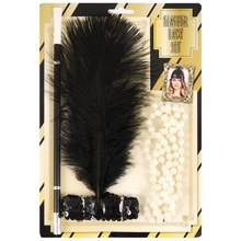 A packaged costume accessory set labeled 'Flapper Lady Set' containing a large black feather on a black sequinned headband, a cigarette holder and a pearl necklace