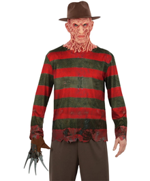 A person modeling a Freddy Krueger-style horror costume against a plain white background, wearing a brown fedora, a red-and-dark-green striped shirt with distressed edges, a scarred face mask, and a metal claw glove.