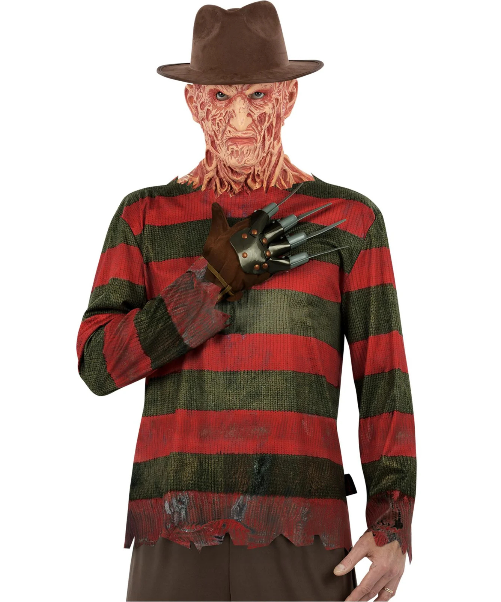 A person wearing a Freddy Krueger-style costume against a plain white background, including a brown fedora, a red-and-dark-striped long-sleeve top, a distressed glove, and a metal bladed glove.