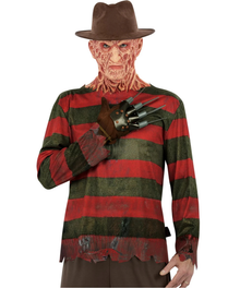 A person wearing a Freddy Krueger-style costume against a plain white background, including a brown fedora, a red-and-dark-striped long-sleeve top, a distressed glove, and a metal bladed glove.