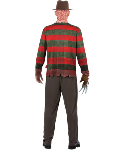 A person shown from the back wearing a Freddy Krueger-style costume: a red and dark green striped sweater, brown hat, exposed scarred neck, brown glove with metal claws, and brown pants against a plain white background.