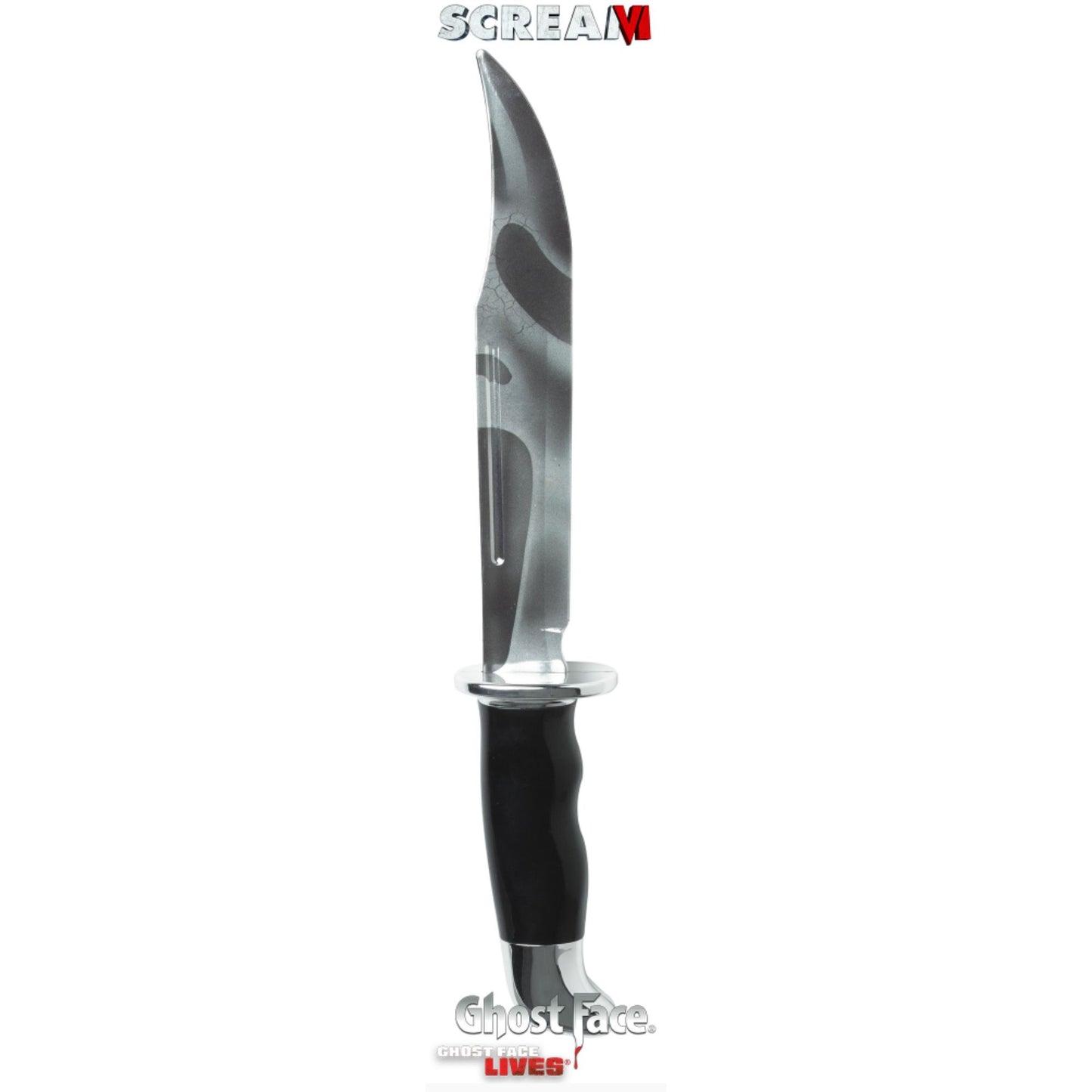 A plastic toy hunting knife with a black handle and a silver blade featuring a printed gray mask design, shown on a white background with Scream and Ghost Face text overlays.