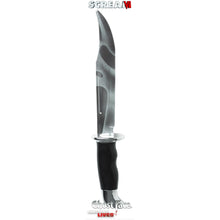 A plastic toy hunting knife with a black handle and a silver blade featuring a printed gray mask design, shown on a white background with Scream and Ghost Face text overlays.