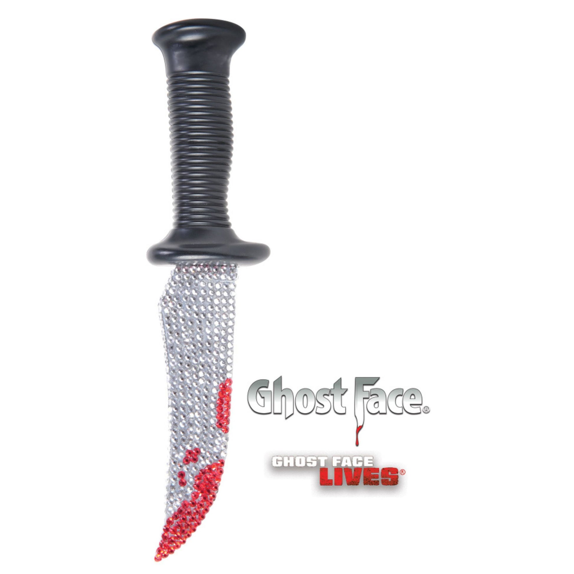 A costume prop knife with a black ribbed handle and a silver chainmail-style blade detailed with red blood splatters, shown on a white background with Ghost Face branding.