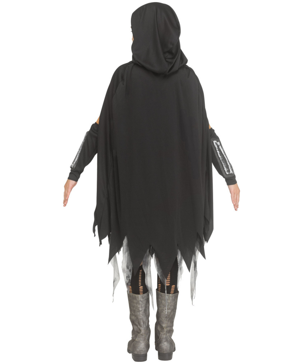 A person shown from the back wearing a black hooded cape with jagged hem and sleeves, paired with gray knee-high socks and gray boots, on a plain white background.