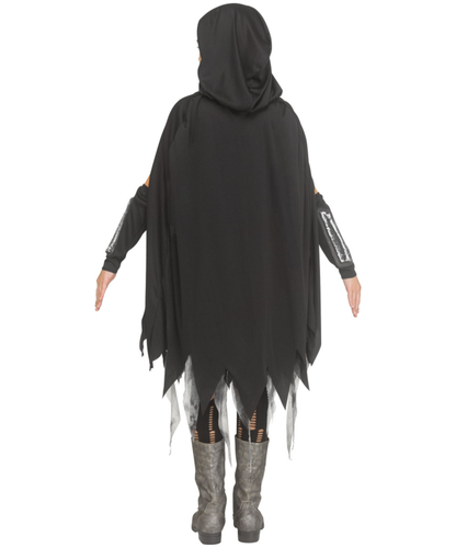 A person shown from the back wearing a black hooded cape with jagged hem and sleeves, paired with gray knee-high socks and gray boots, on a plain white background.