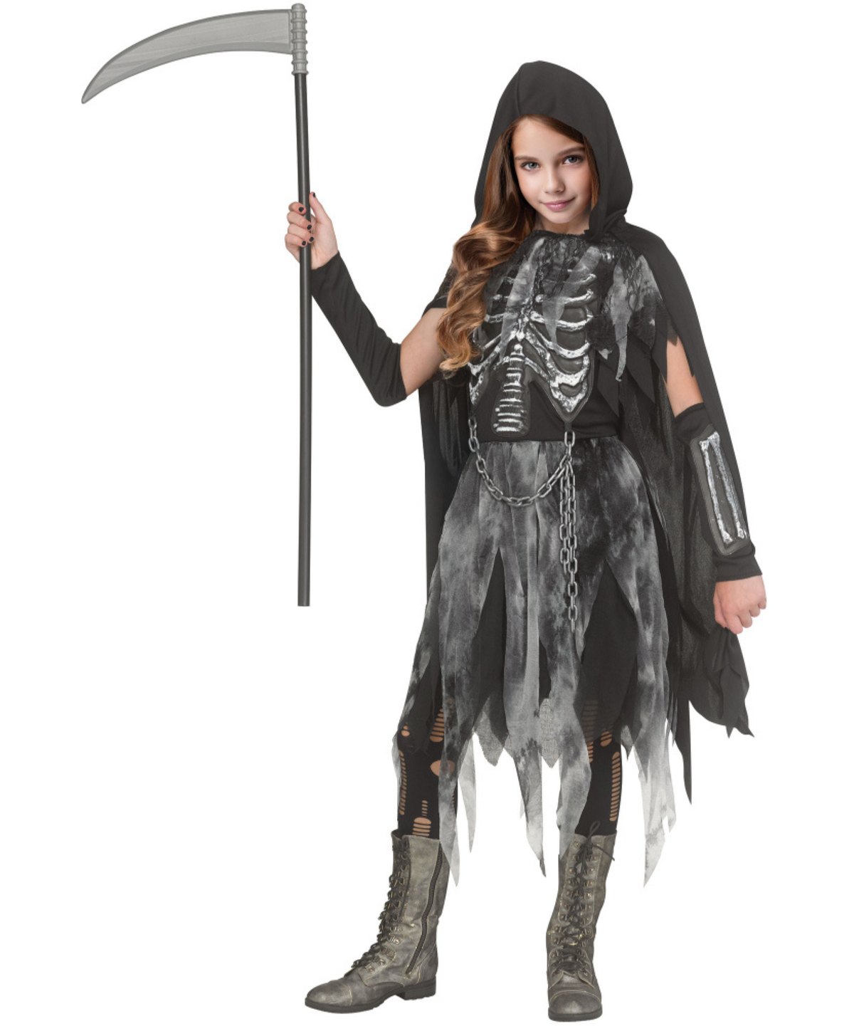 A child modeling a grim reaper Halloween costume, featuring a black hooded cape with distressed gray splatter, a black tattered dress with a printed white skeleton design, a chain belt, and gray combat boots. The child is holding a toy scythe prop against a solid white background.