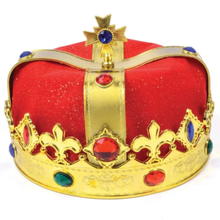 A gold and red fancy dress crown with faux gemstones, shown on a plain white background.
