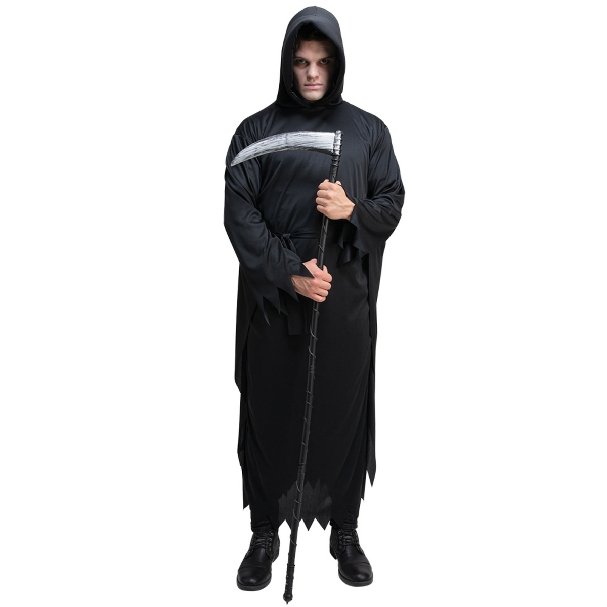 A person wearing a black grim reaper style costume with a hooded robe and holding a scythe, photographed against a plain white background.