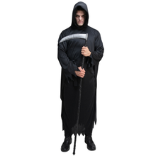 A person wearing a black grim reaper style costume with a hooded robe and holding a scythe, photographed against a plain white background.