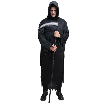 A person wearing a black grim reaper style costume with a hooded robe and holding a scythe, photographed against a plain white background.