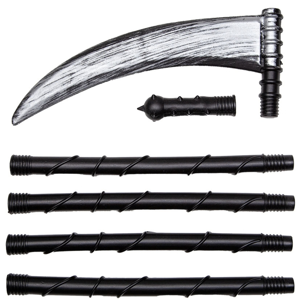 A scythe costume prop set featuring a large curved sickle-like blade with a weathered silver and black finish, a small black pointed accessory, and five black twisted shafts on a plain white background.