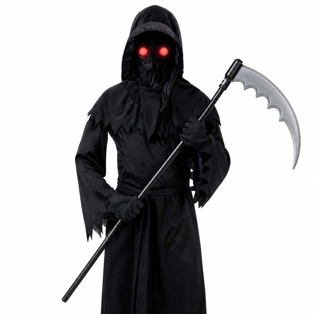 A person wearing a black grim reaper costume with a hooded robe, black mask, and glowing red eyes, holding a large scythe against a plain white background.