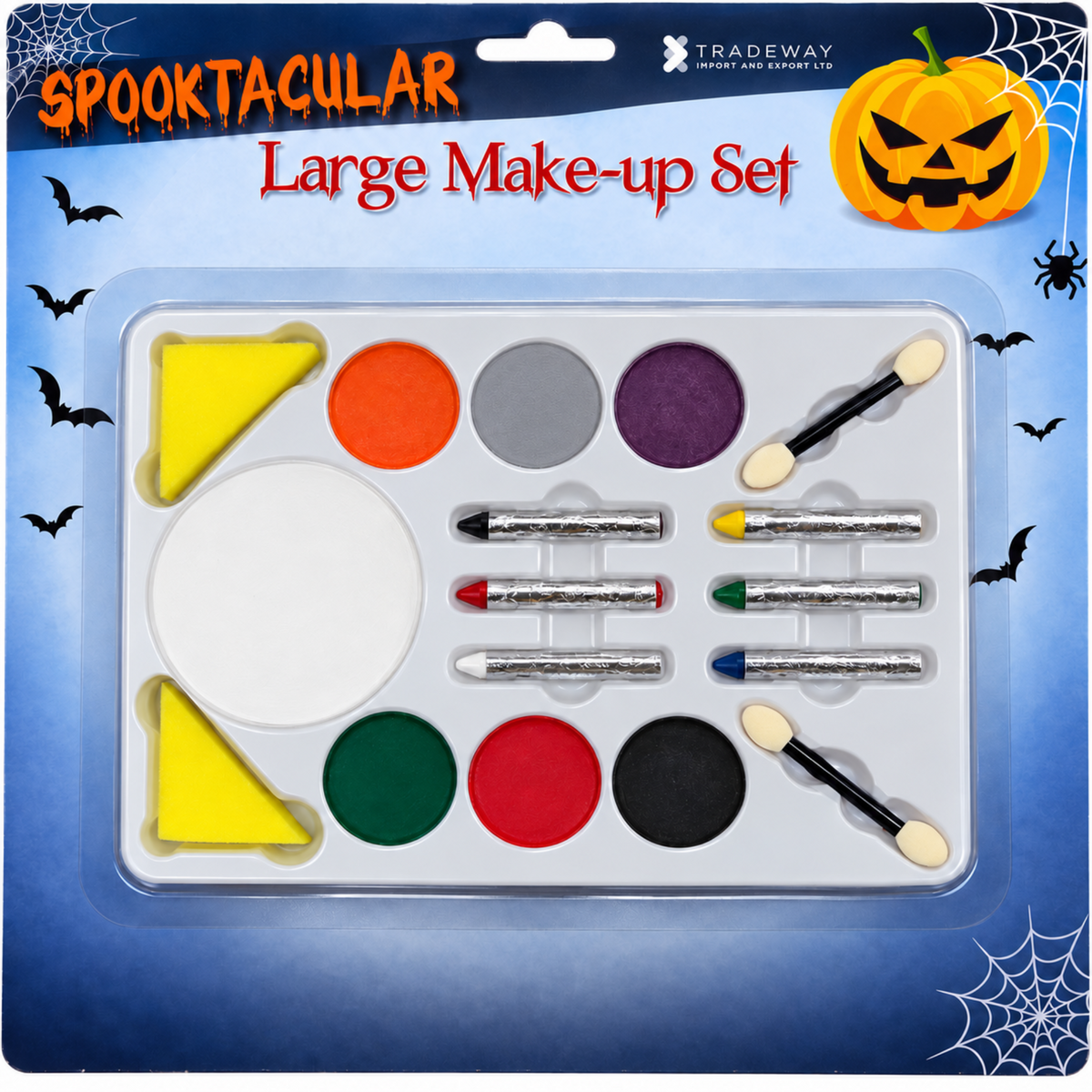 Tradeway Spooktacular Large Make-up Set in its original retail blister packaging. The set contains multiple makeup pans in orange, gray, purple, yellow, green, red, black, and white, along with dual-ended applicators and crayons, all mounted on a blue Halloween-themed backing card decorated with spiderwebs, bats, and a jack-o'-lantern.
