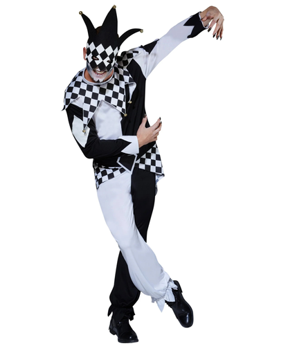 A person modeling a black-and-white jester costume with a matching black-and-white checkered mask, posed against a plain white background.