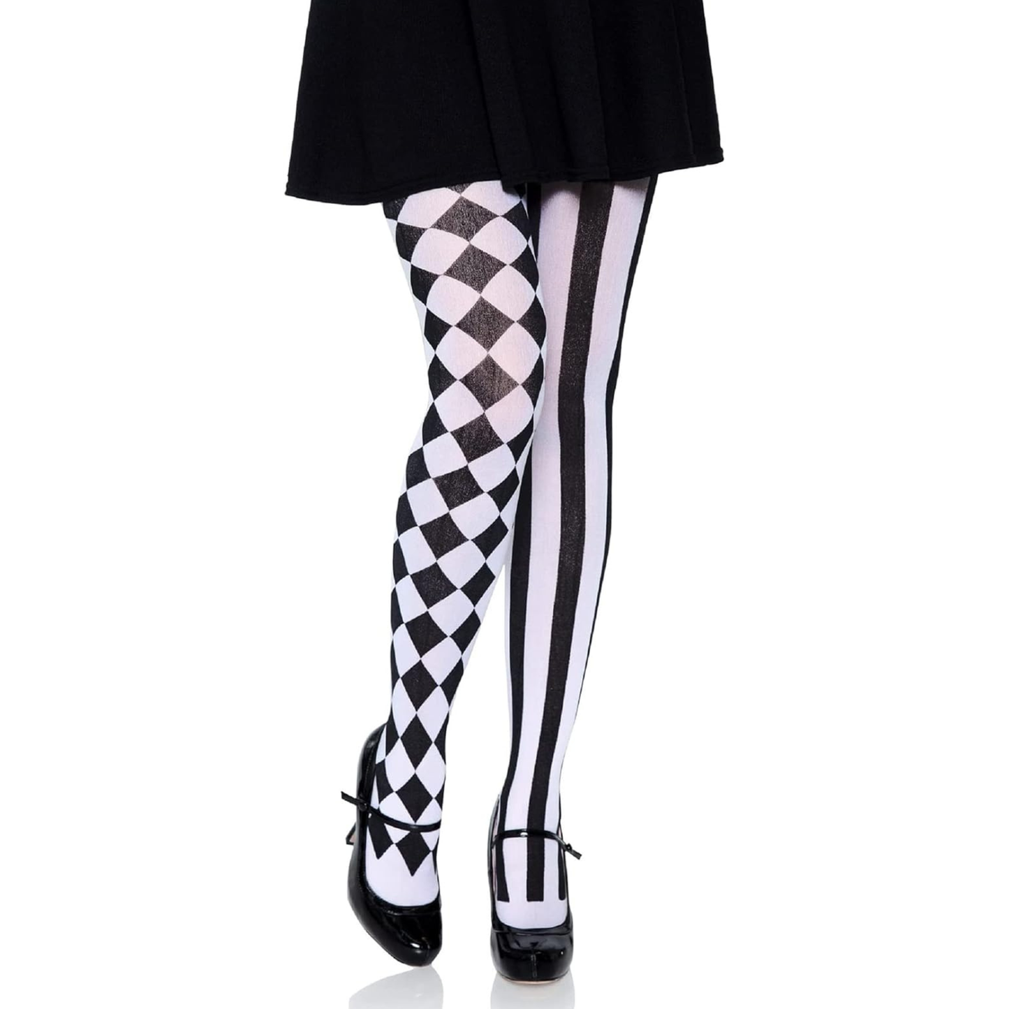Black and white patterned tights worn with a black skirt and black Mary Jane shoes, shown on a model's legs against a white background.