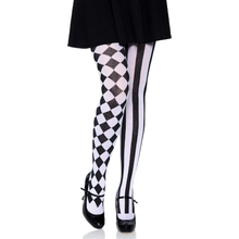 Black and white patterned tights worn with a black skirt and black Mary Jane shoes, shown on a model's legs against a white background.