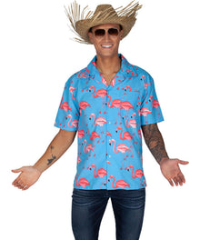 A man modeling a light blue short-sleeve button-up shirt with a pink flamingo pattern, paired with a straw cowboy hat, sunglasses, and dark jeans against a plain white background.